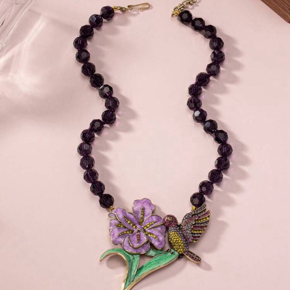 Hummingbird Colorful Rhinestone Enamel Necklace Purple Bead Large Flower NEW - Picture 11 of 15